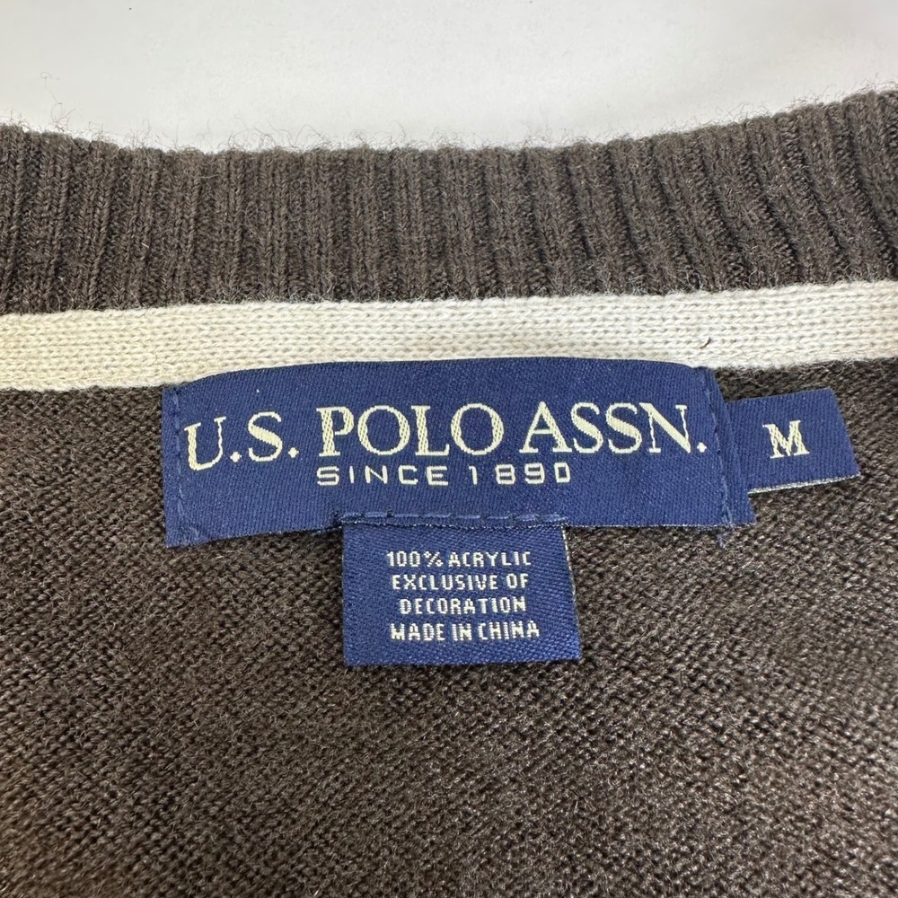 US Polo Assn Mens V-Neck Sweater Dark Brown Long Sleeve Knit Logo Size M - Picture 2 of 9